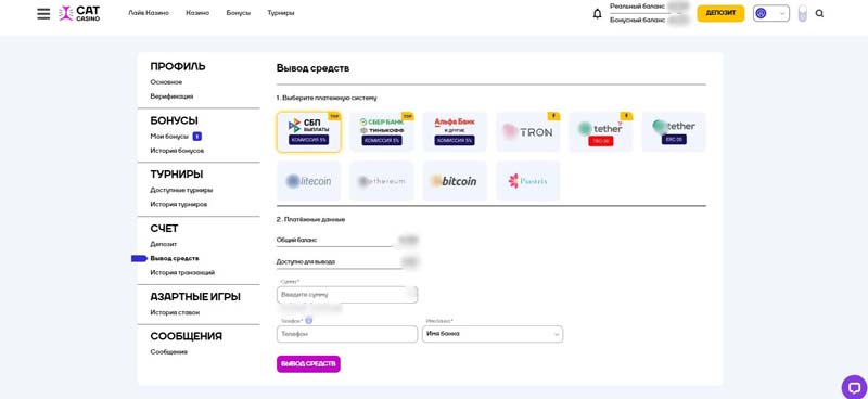 Вывод средств в Cat Casino